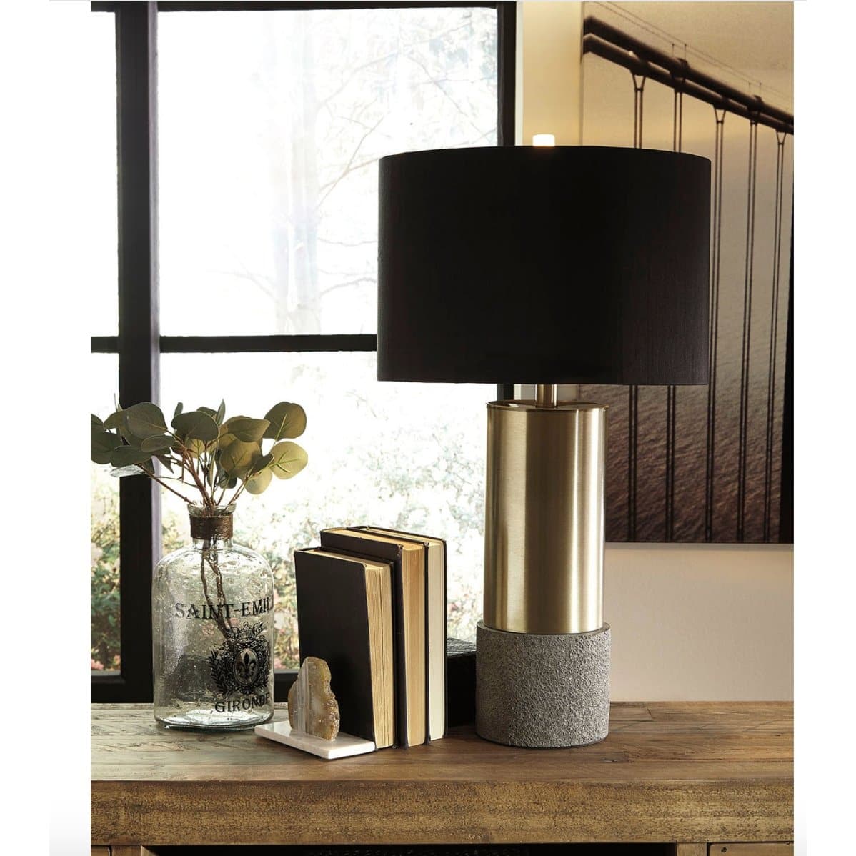 Brass and Cement Table Lamps with Black Shades (Set of 2) - HER Home Design Boutique